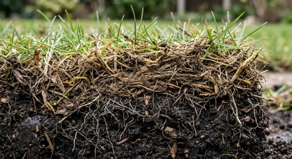 Cross-section of a thick thatch layer suffocating grass roots in the soil