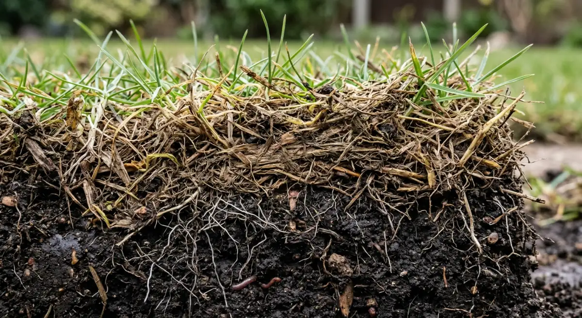 Cross-section of a thick thatch layer suffocating grass roots in the soil