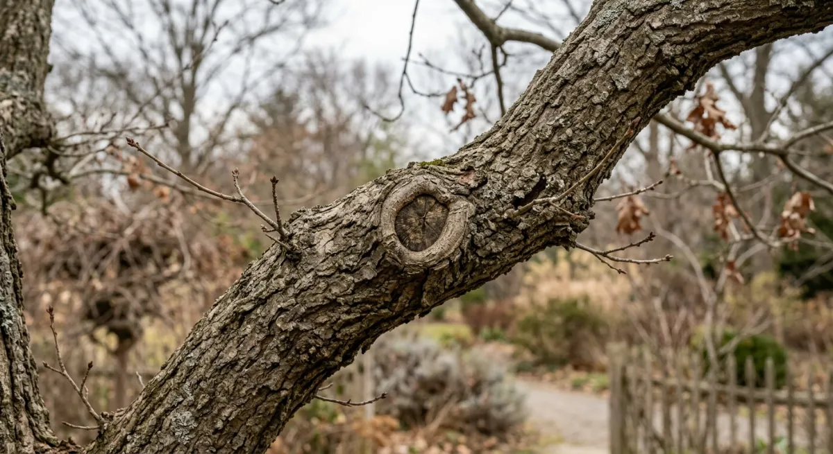 Detailed view of a healed pruning collar on a woody tree branch