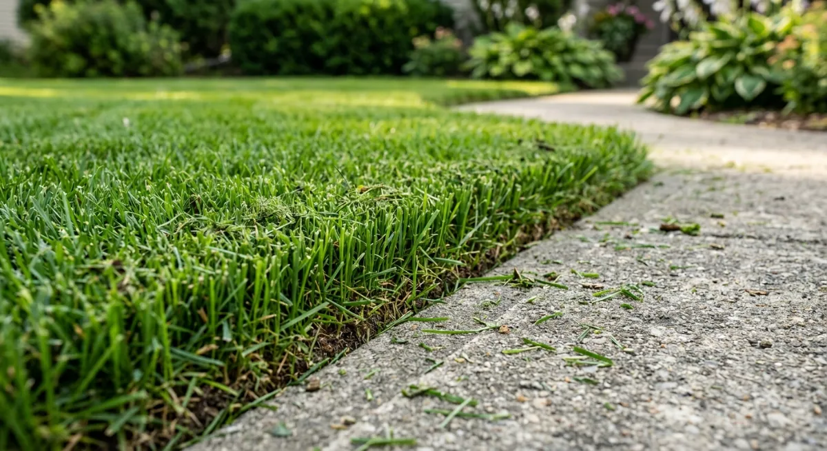 Freshly cut grass edge along a concrete path