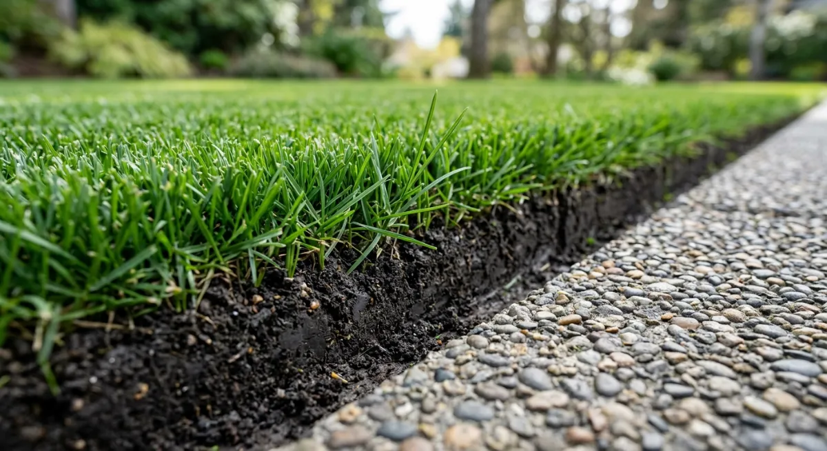 Freshly cut lawn edge along a concrete pathway showing clean grass blades