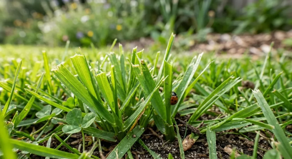 Freshly mowed bright green lawn grass blades up close