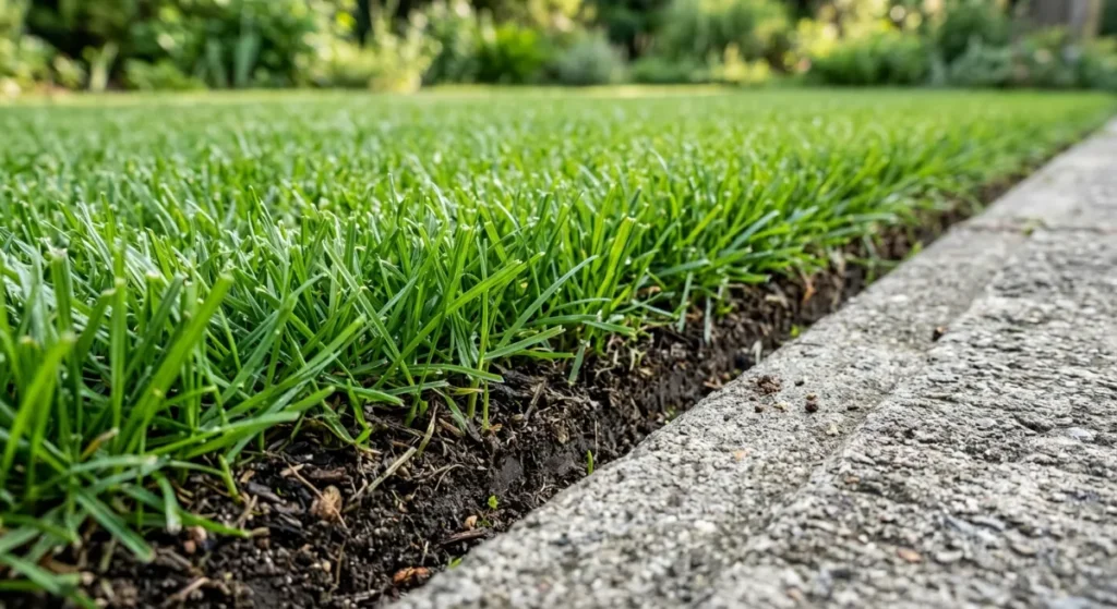 Freshly mowed lawn with crisp edges along a concrete path