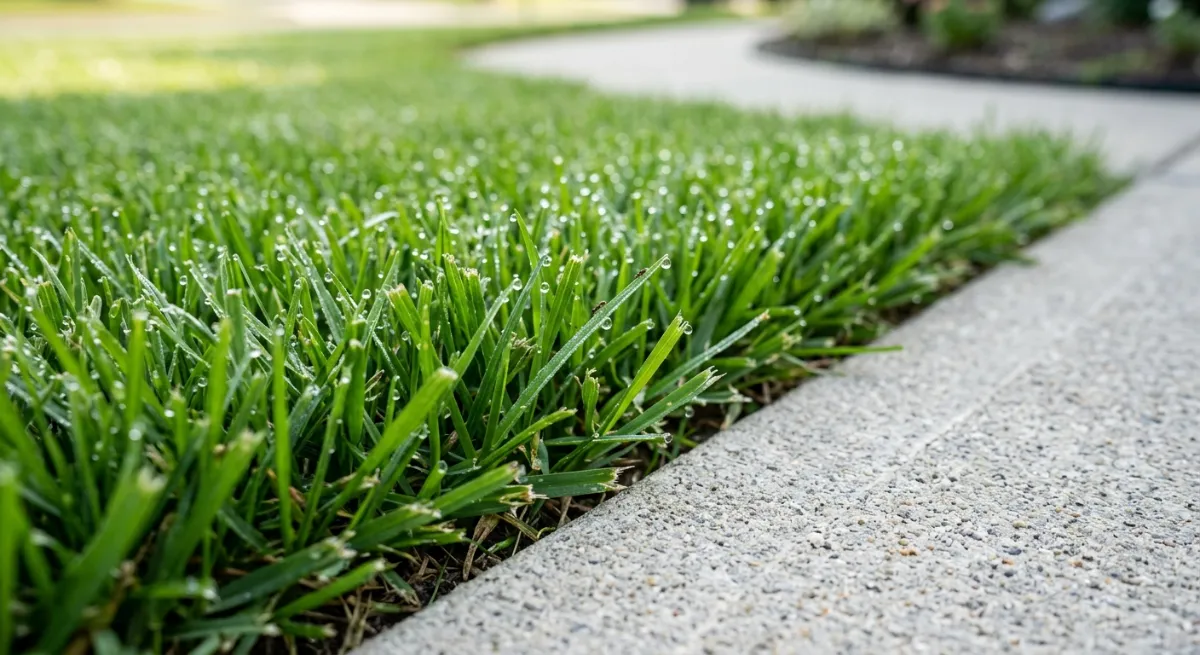 Freshly mowed lawn with crisp edges along a concrete path