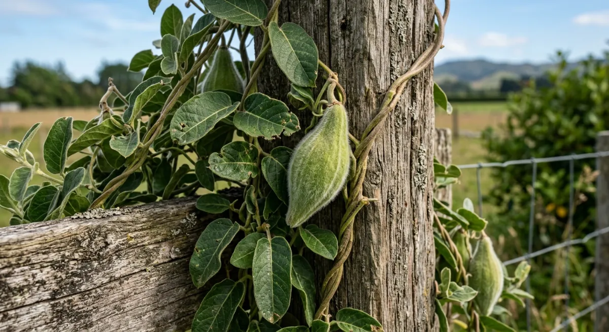Invasive Moth Plant vine growing on a wooden fence