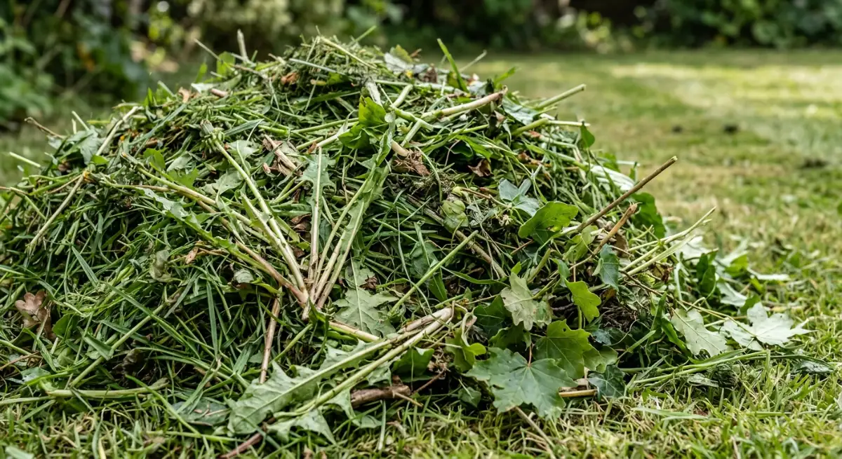 Large pile of green waste generated from an overgrown lawn clearing