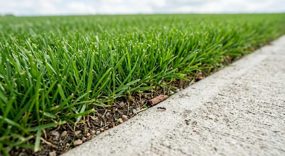 Macro close-up of a perfectly manicured lawn edge showing crisp green grass blades next to a clean concrete path