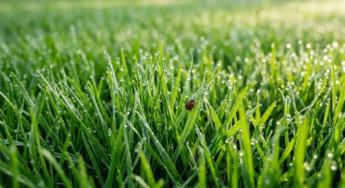Macro photograph of lush, healthy green grass demonstrating professional lawn maintenance