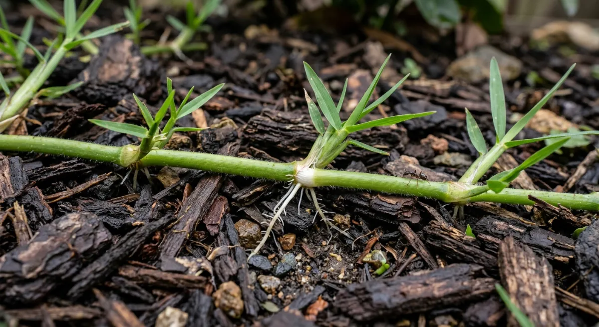 Macro shot of invasive Kikuyu runners spreading across a garden bed, highlighting the need for professional weed control