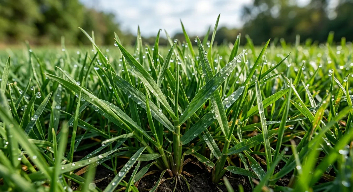 Macro shot of vibrant, healthy green commercial turf grass with morning dew