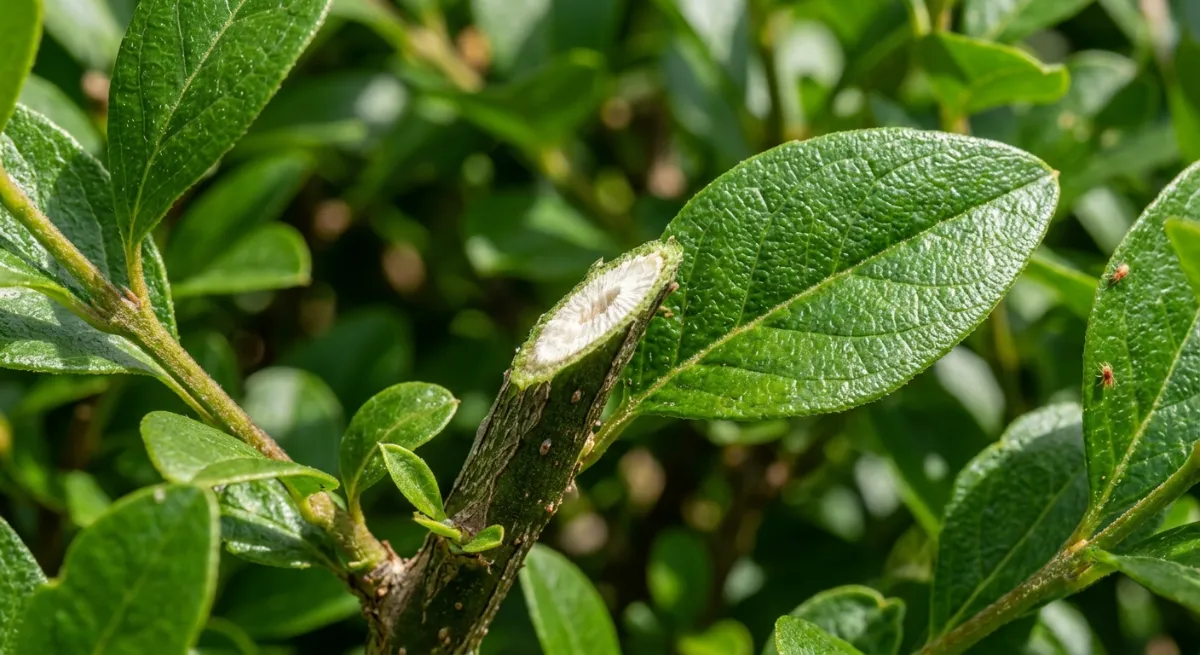 Macro view of a clean pruning cut on a green hedge