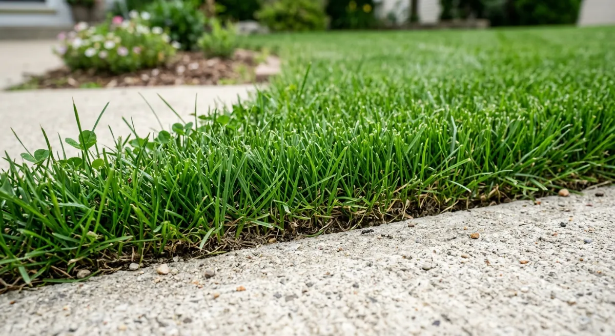 Macro view of a cleanly cut residential lawn edge