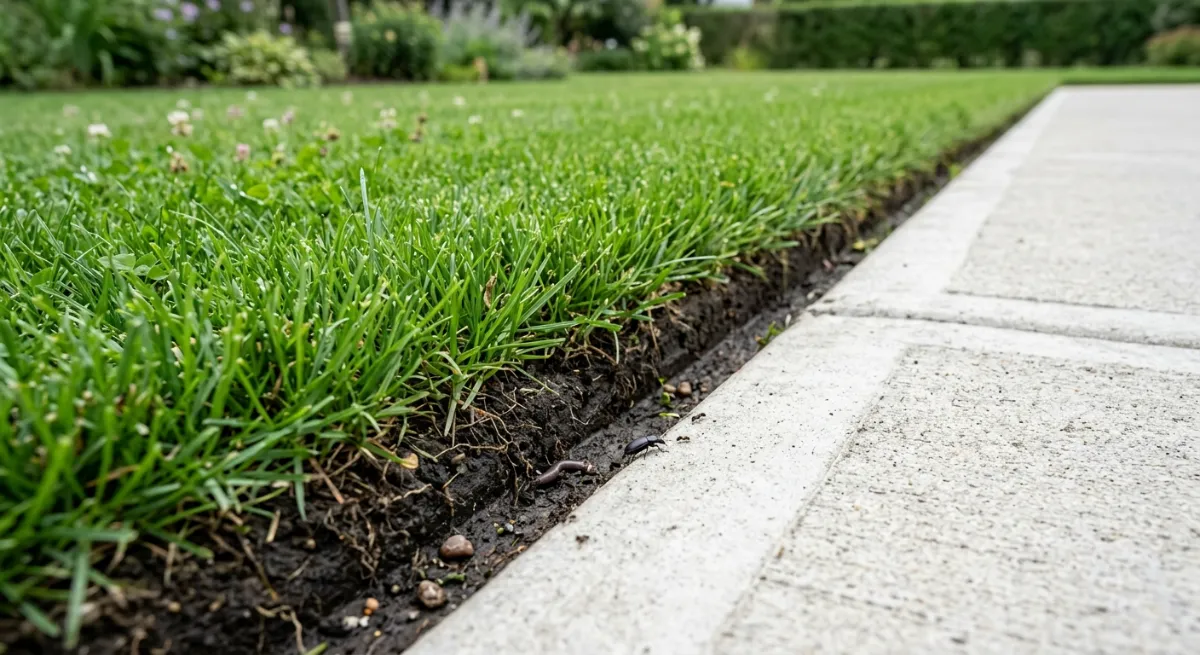Macro view of a perfectly edged lawn next to a concrete path showing clean soil lines and healthy green grass