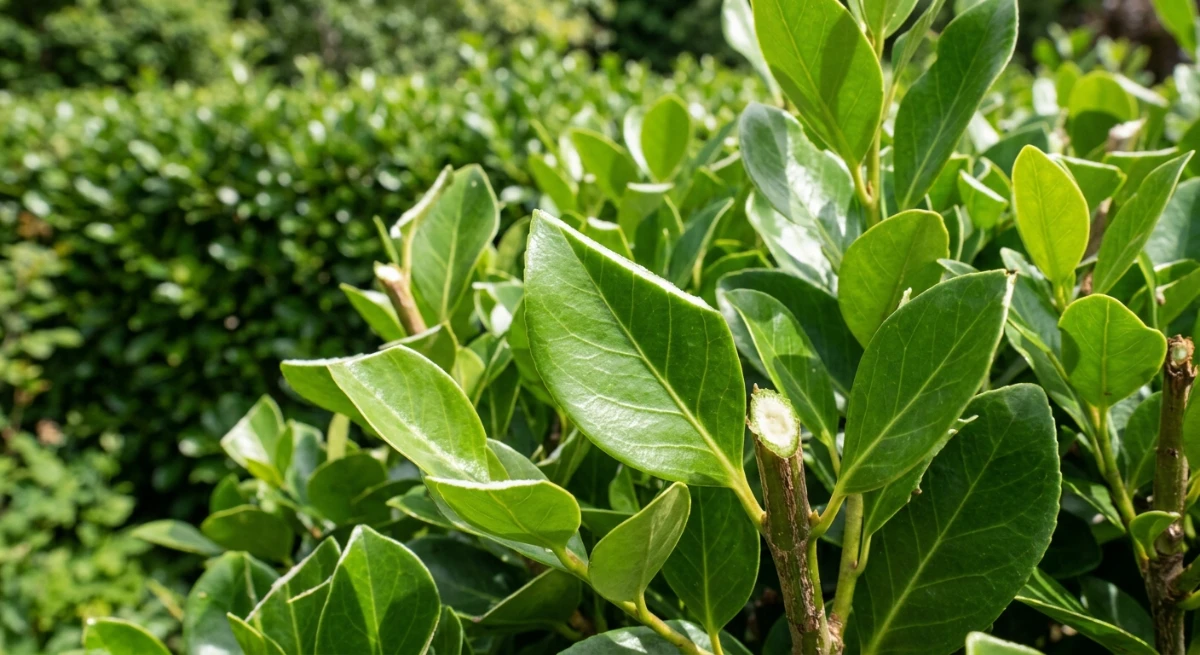 Macro view of freshly trimmed Griselinia hedge leaves in an Auckland garden