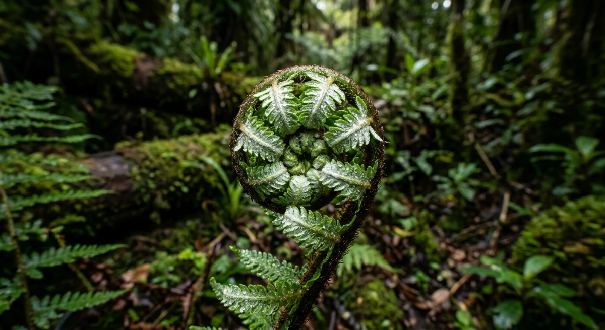 Native New Zealand fern unfurling in a South Auckland forest reserve