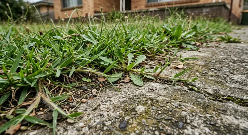 Overgrown kikuyu grass and weeds encroaching on a driveway