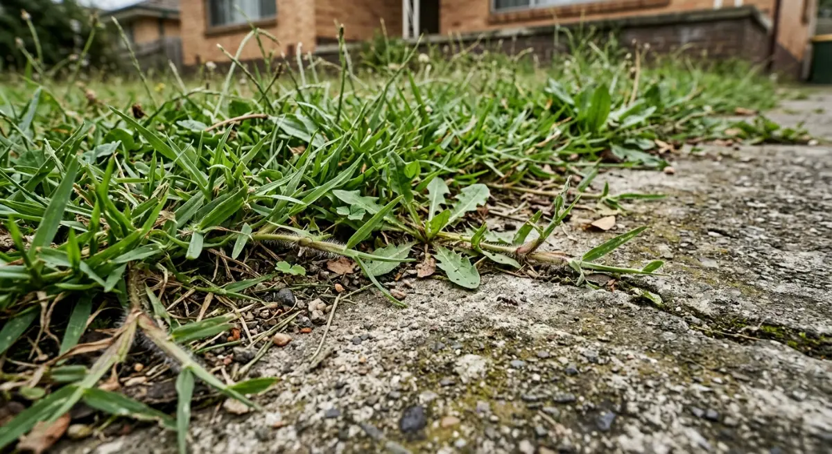 Overgrown kikuyu grass and weeds encroaching on a driveway