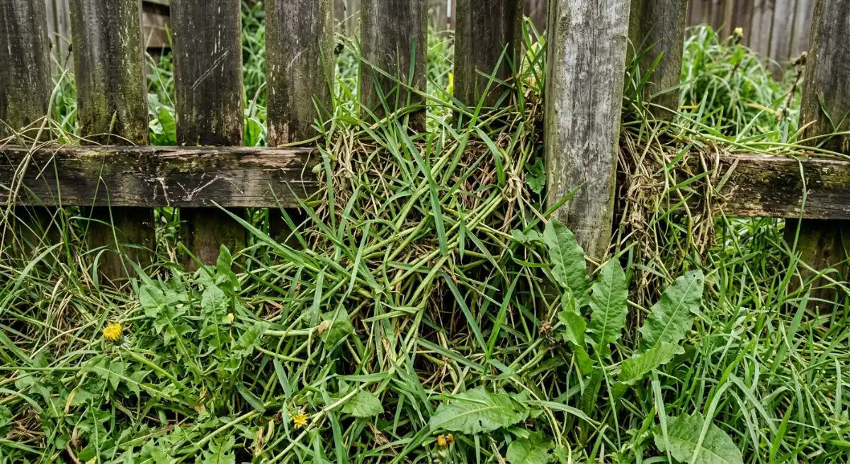 Overgrown kikuyu grass and weeds encroaching on a wooden fence at a neglected rental property