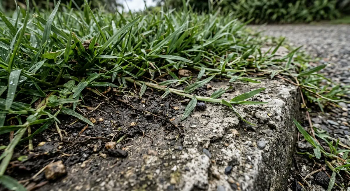 Overgrown Kikuyu grass encroaching on a concrete driveway edge