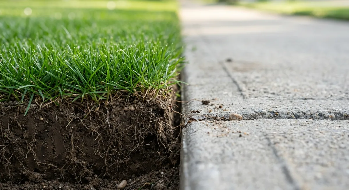 Perfectly edged lawn border next to a concrete path