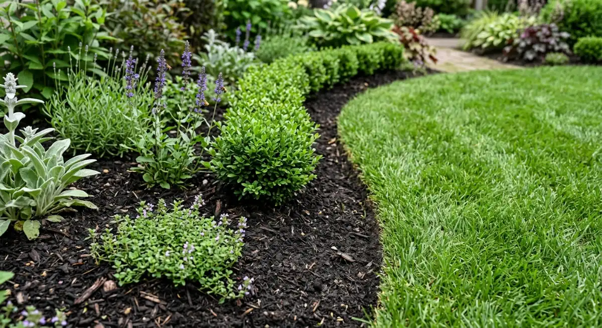 Perfectly maintained residential garden bed border and healthy green lawn