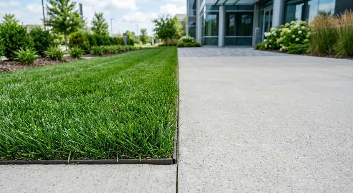 Perfectly manicured commercial lawn edge against a clean concrete office pathway