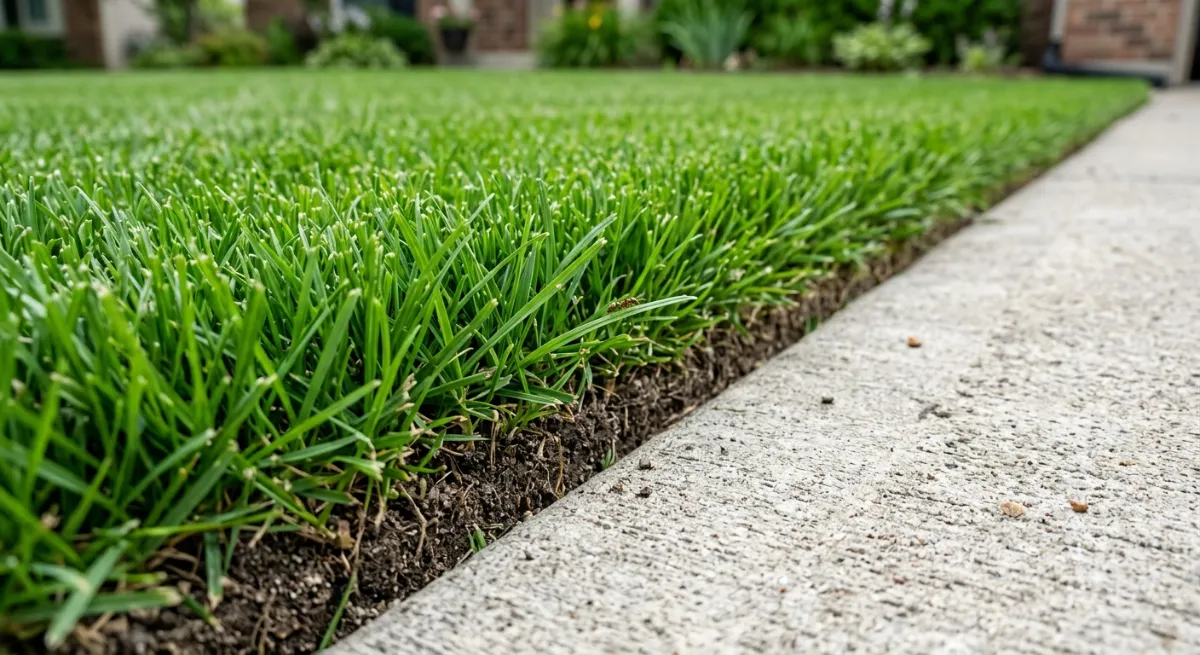 Perfectly manicured lawn edge along a clean concrete driveway demonstrating professional property maintenance