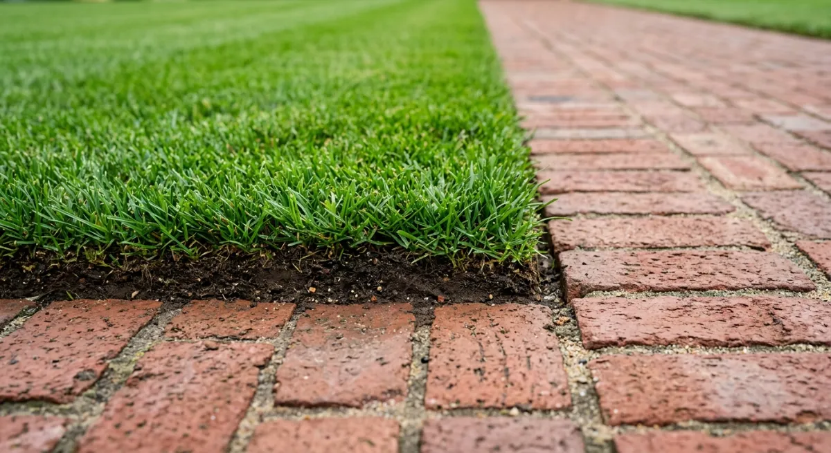 Perfectly manicured lawn edge next to a commercial brick pathway