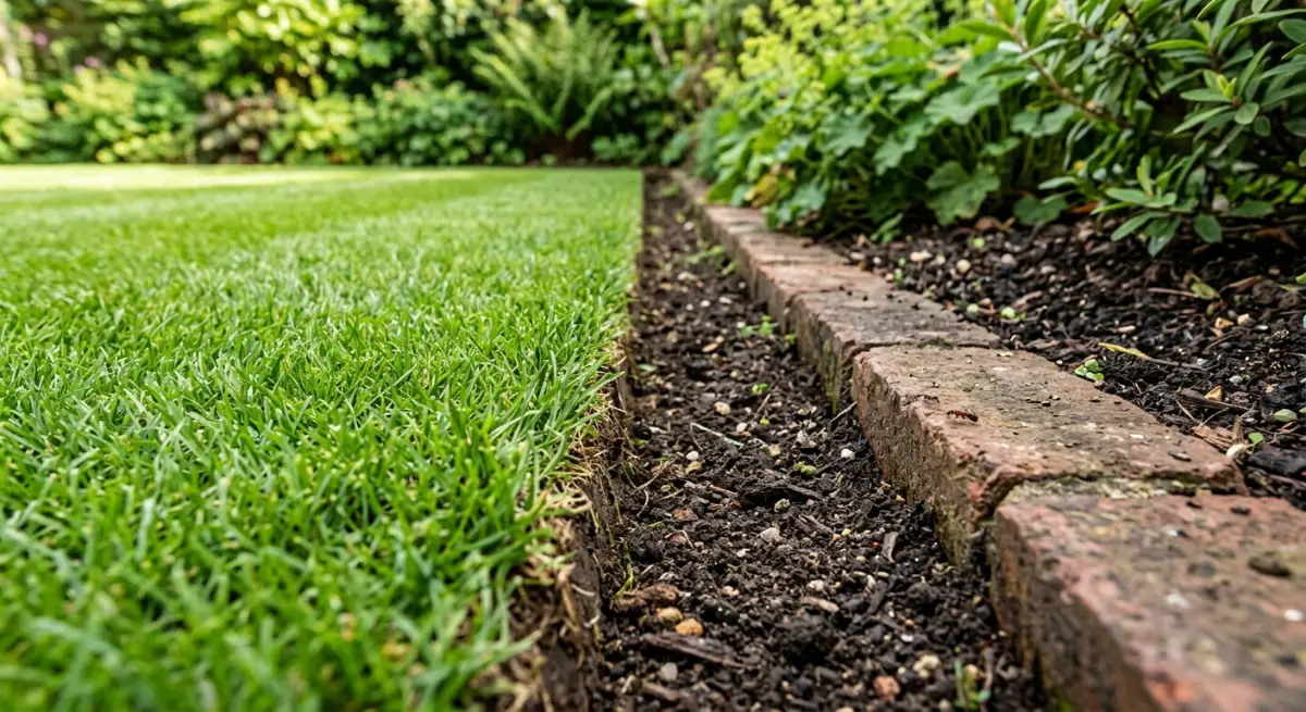 Perfectly manicured lawn edge showing vibrant green grass next to dark soil