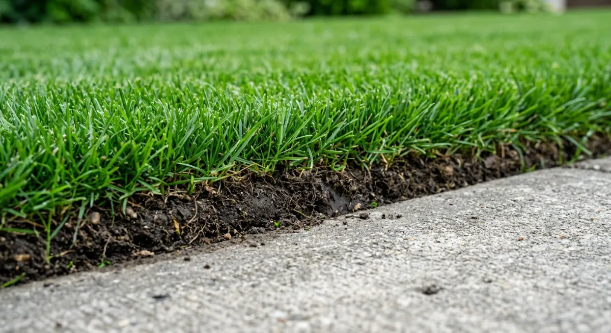 Perfectly trimmed lawn edge along a concrete path