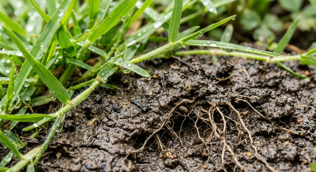 Waterlogged clay soil beneath grass roots